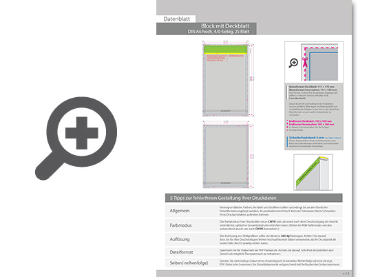 Product Bild block_mit_leimbindung_und_deckblatt__din_a6__25_blatt__4_0_farbig_einseitig_bedruckt